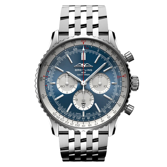 Explore the Breitling Navitimer B01 Chronograph 46, a luxury pilot's watch with a stainless steel case, blue face, three subdials, date window, and silver link bracelet. It features three side buttons, white hour markers, silver hands and a detailed outer bezel.