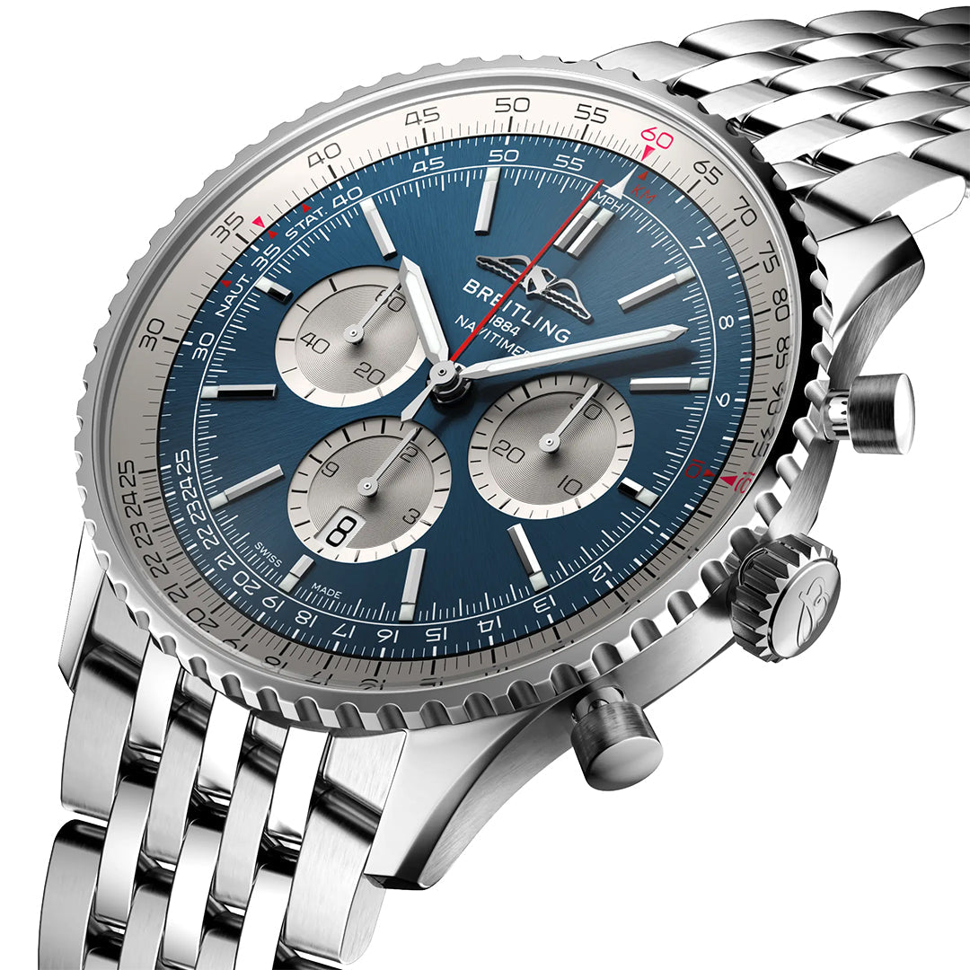 The BREITLING Navitimer B01 Chronograph 46 luxury watch features a striking blue dial with silver hour markers and three subdials. This stainless steel timepiece has a pilot's chronograph vibe with a tachymeter scale, two pushers, and a prominent crown.