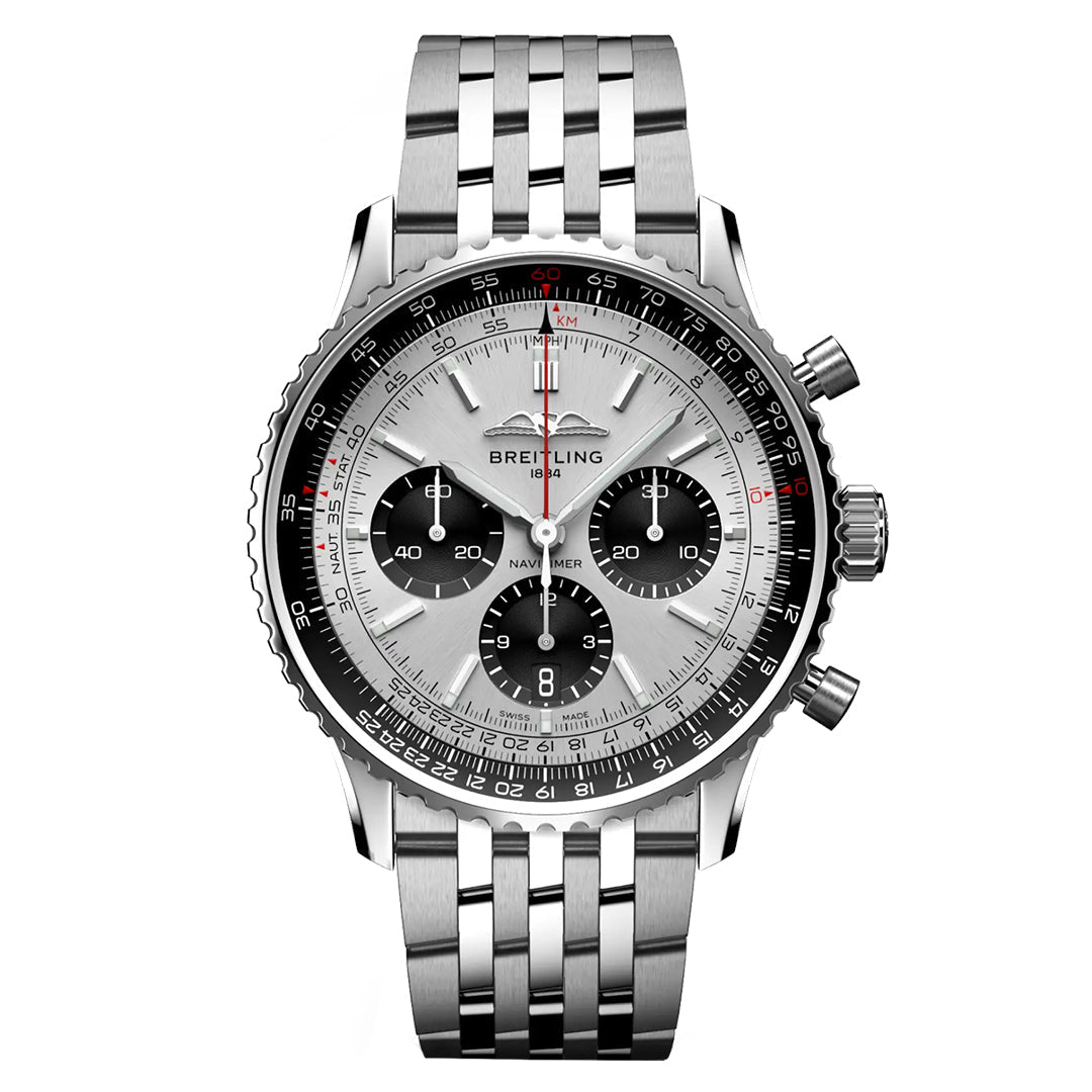 The BREITLING Navitimer B01 Chronograph 43 is a stunning pilot's watch with a silver dial, three black subdials, and a tachymetric scale around the bezel. Its stainless steel bracelet complements the chronograph design, while the Breitling name and logo are prominently displayed.