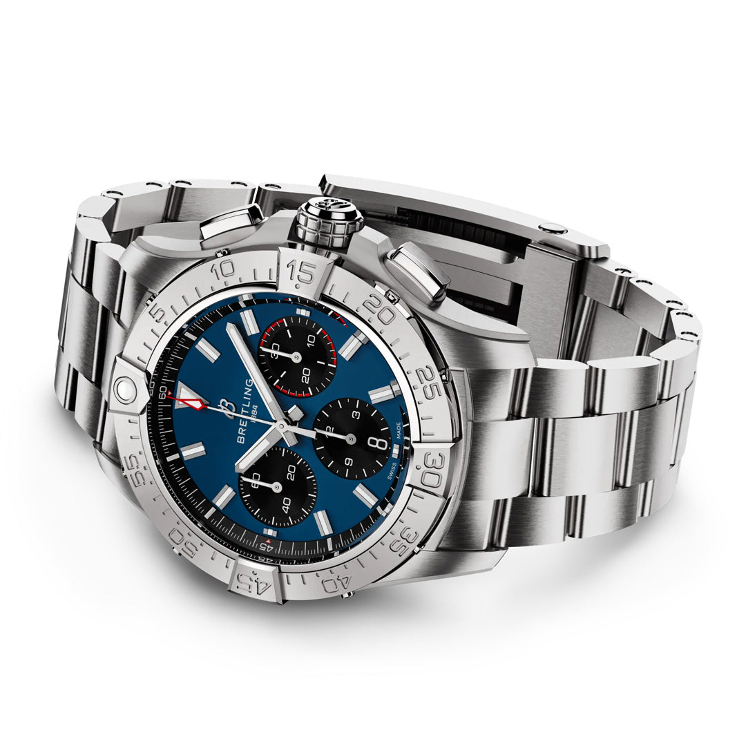 Discover the BREITLING Avenger B01 Chronograph 42, featuring a blue aviation-style dial, three sub-dials, and a brushed metal bracelet with a folding clasp. Its sophisticated design includes a rotating bezel with minute markers. The time is set to the classic 10:10 position.