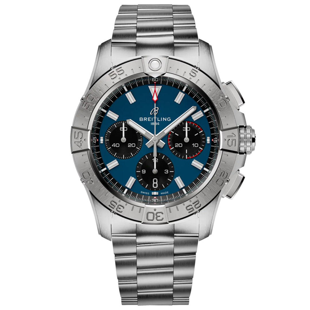 The BREITLING Avenger B01 Chronograph 42 features a stainless steel case, blue dial, and three black subdials. It includes aviation style elements like a silver bezel with engraved numbers, silver hands, and a bold red second hand. The polished bracelet showcases the Breitling brand name.