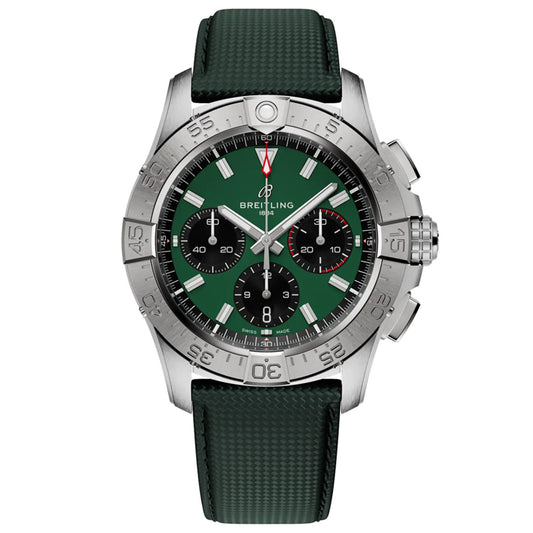 The BREITLING Avenger B01 Chronograph 42 exudes luxury with its silver stainless steel case, green dial featuring three black subdials, silver hour markers, and a black tachymeter scale. Its aviation style is completed by a green textured strap and the prominent "Breitling" logo on the dial.