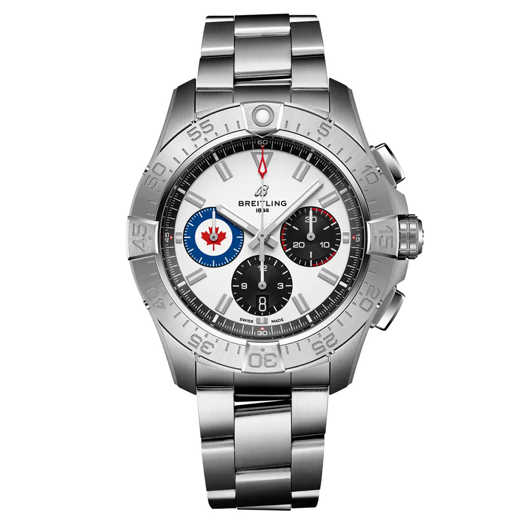 Introducing the limited edition BREITLING Avenger B01 Chronograph 44 Royal Canadian Air Force watch. This stainless steel piece features a silver bracelet, three subdials in blue and black, a red maple leaf on the blue dial honoring the Royal Canadian Air Force, date display, and rotating bezel.