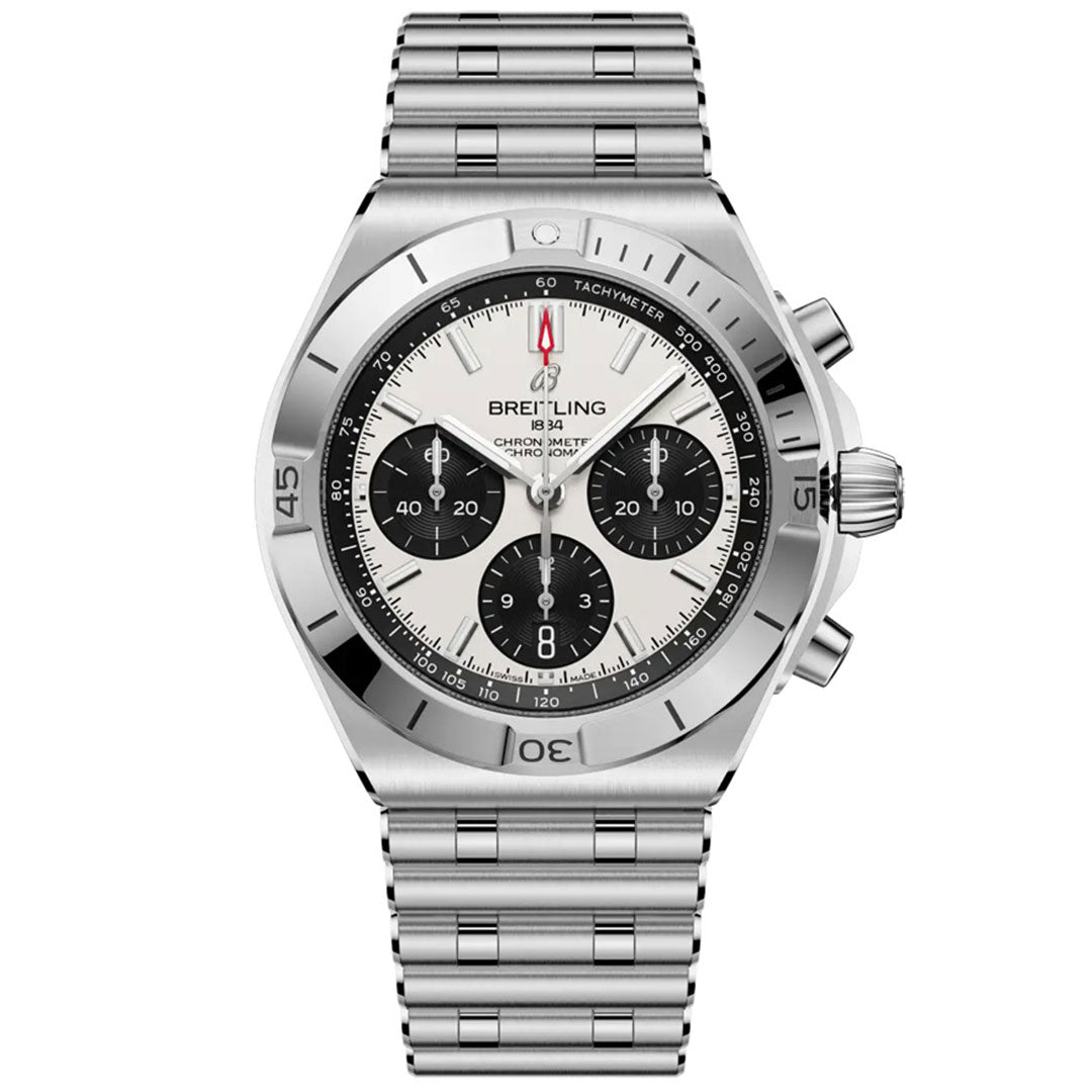 The Breitling Chronomat B01 Chronograph 42 features a stainless steel case, silver and black dial with three subdials, tachymeter bezel, metal link bracelet, and bold hands and markers showcasing its classic mechanical chronograph style.
