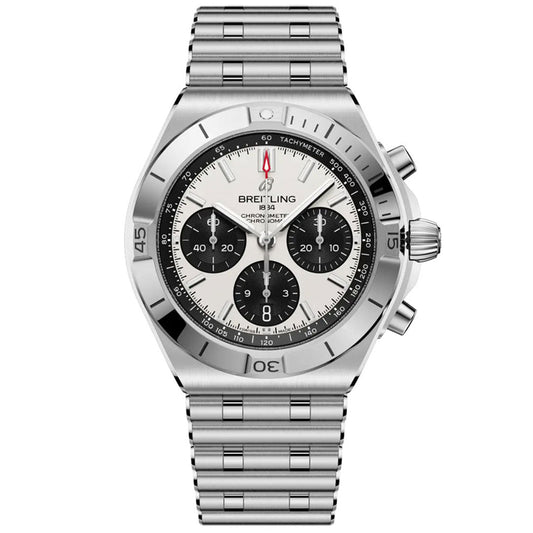 The Breitling Chronomat B01 Chronograph 42 features a stainless steel case, silver and black dial with three subdials, tachymeter bezel, metal link bracelet, and bold hands and markers showcasing its classic mechanical chronograph style.