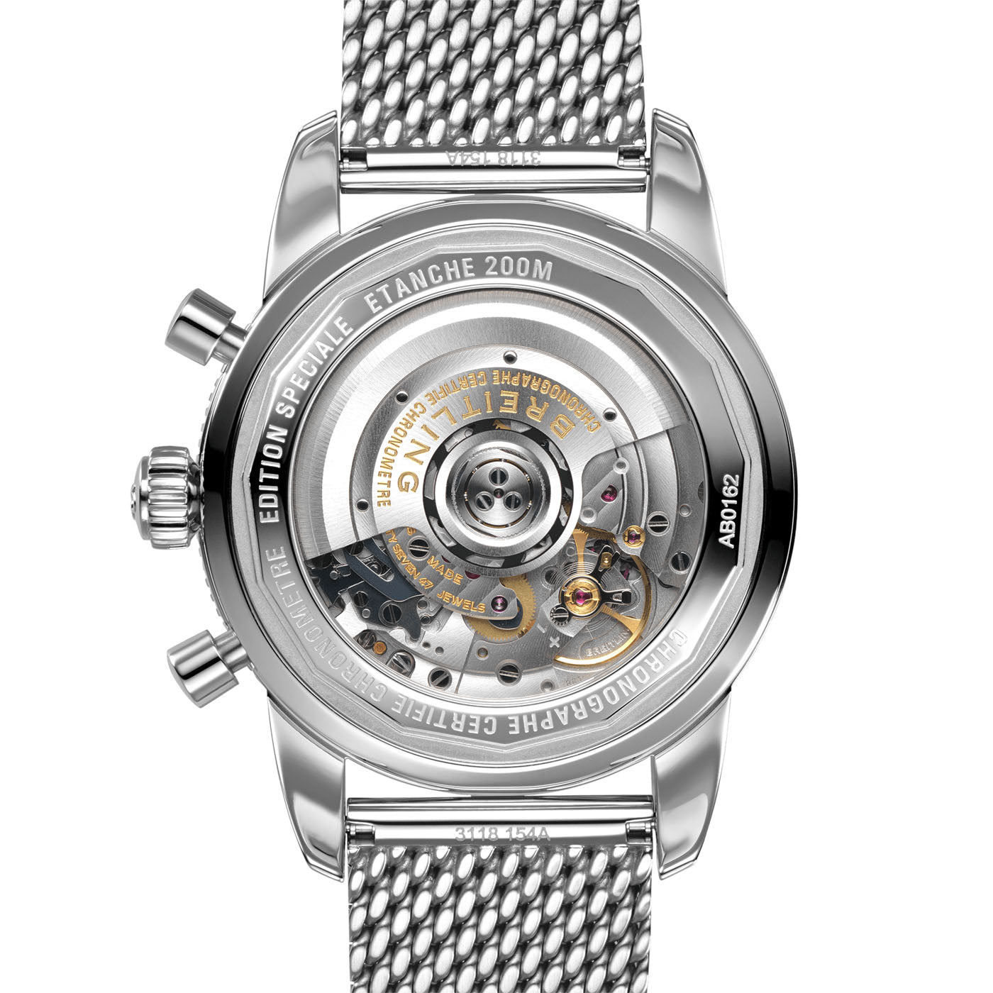 Close-up of a watch case back, highlighting the intricate clockwork mechanisms with gears and engravings. The Breitling diver's watch is equipped with a metal mesh strap, featuring inscriptions that detail the BREITLING Superocean Heritage B01 Chronograph 44 special edition and its water resistance up to 200 meters.
