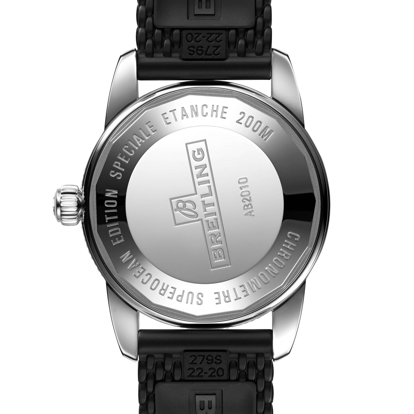 The image displays the back of a BREITLING Superocean Heritage B20 Automatic 42 wristwatch, featuring a metal case with engraved text. The branding "Breitling" is shown, along with details such as "SUPER OCEAN EDITION SPECIALE ETANCHE 200M" and the reference number "A83010." This diver’s watch comes with a black strap and is part of the renowned Superocean Heritage collection.
