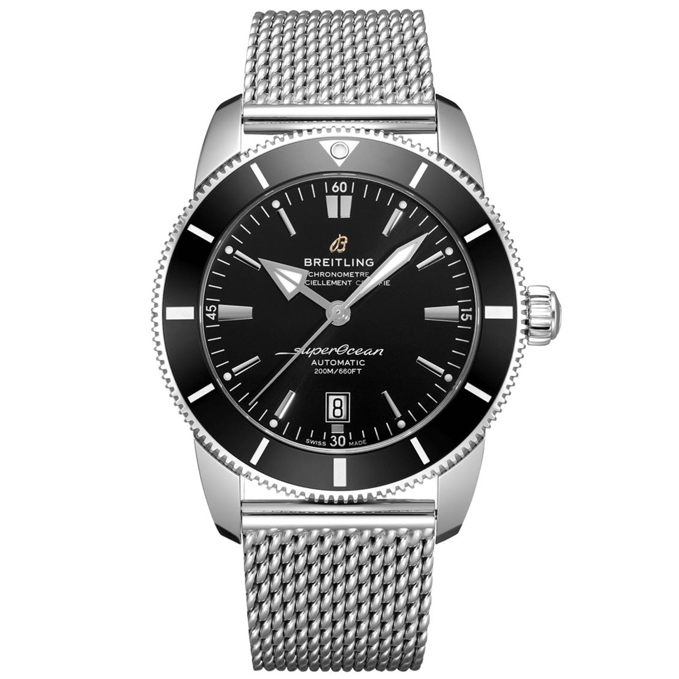 The BREITLING Superocean Heritage B20 Automatic 46 features a black dial with a date display at 6 o'clock, powered by the Caliber B20. It includes luminous hands, a stainless steel mesh bracelet, and hour markers on both its bezel and dial.