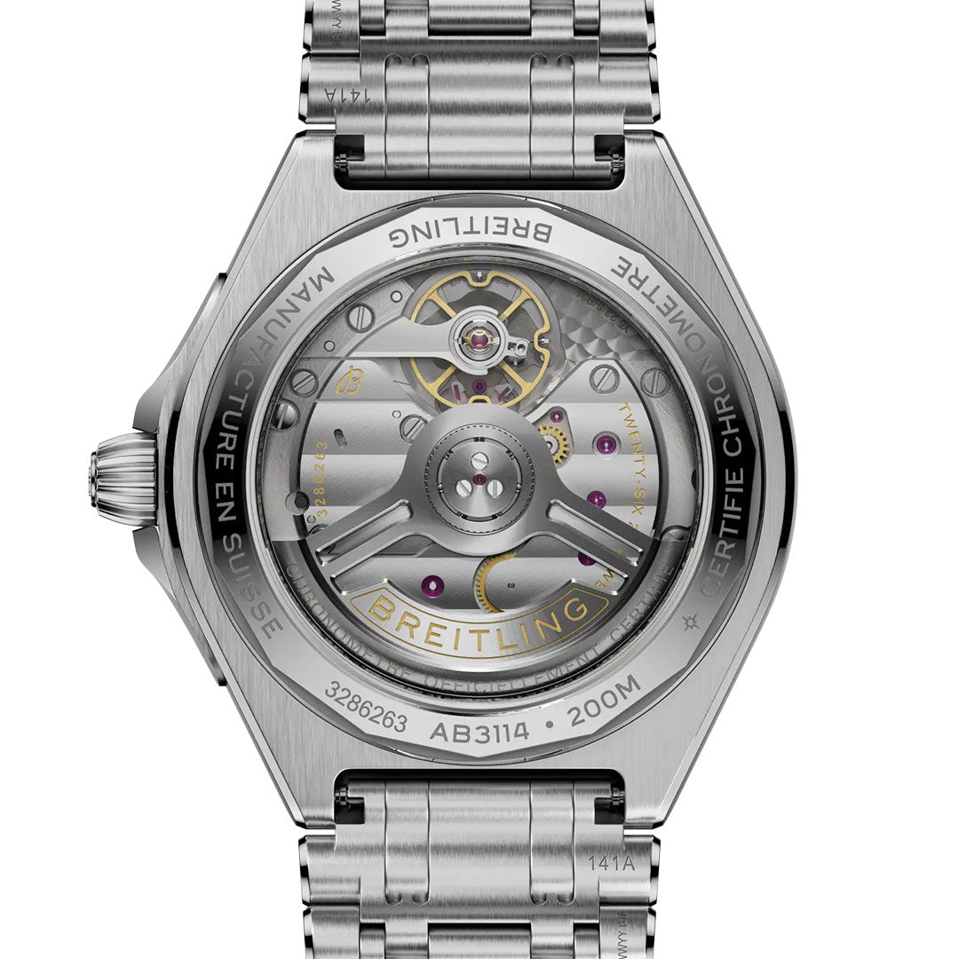 Close-up of the BREITLING Chronomat B31 40’s back, revealing its automatic movement through a transparent case back. Visible gears, jewels, and Breitling’s engraving highlight the mechanical chronograph’s precision engineering.
