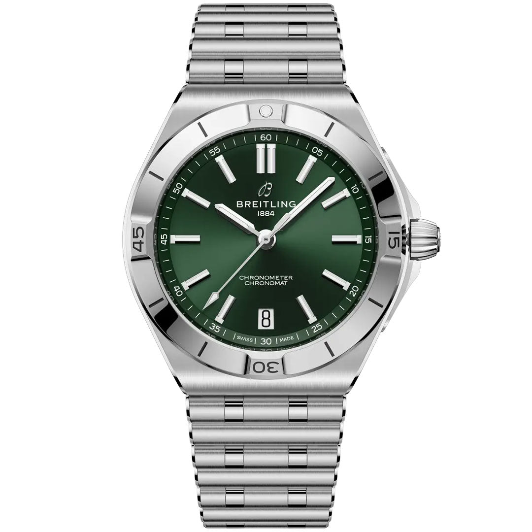 The BREITLING Chronomat B31 40 is a stainless steel luxury sports watch with a green dial, silver hour markers, date display at 6 o’clock, metal link bracelet, and a COSC-certified sleek modern design by Breitling.