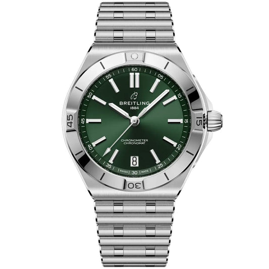 The BREITLING Chronomat B31 40 is a stainless steel luxury sports watch with a green dial, silver hour markers, date display at 6 o’clock, metal link bracelet, and a COSC-certified sleek modern design by Breitling.
