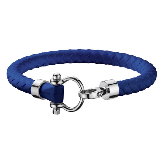 Introducing the OMEGA Aqua Sailing Rubber Bracelet: a stylish accessory crafted from braided electric blue material, featuring a stainless steel clasp. The sleek, polished finish of the clasp boasts a unique nautical-inspired design, adding an elegant touch to this distinctive bracelet by OMEGA.