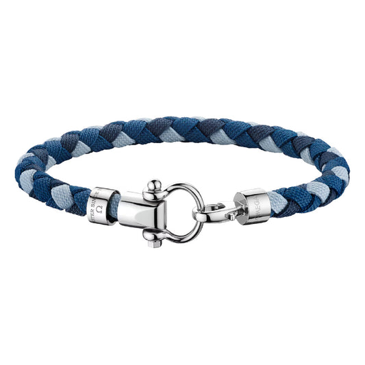 The OMEGA Aqua Sailing Nylon Bracelet by OMEGA features a blue and gray multicolour braided nylon design, complete with a stainless steel clasp. The clasp showcases a hook-like design and intricate engraved details, enhancing its nautical-inspired aesthetic.