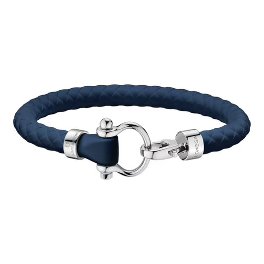 The OMEGA Aqua Sailing Rubber Bracelet showcases a modern design with a blue braided strap, a stainless steel clasp, and engraved branding, blending elegance with sophisticated style.