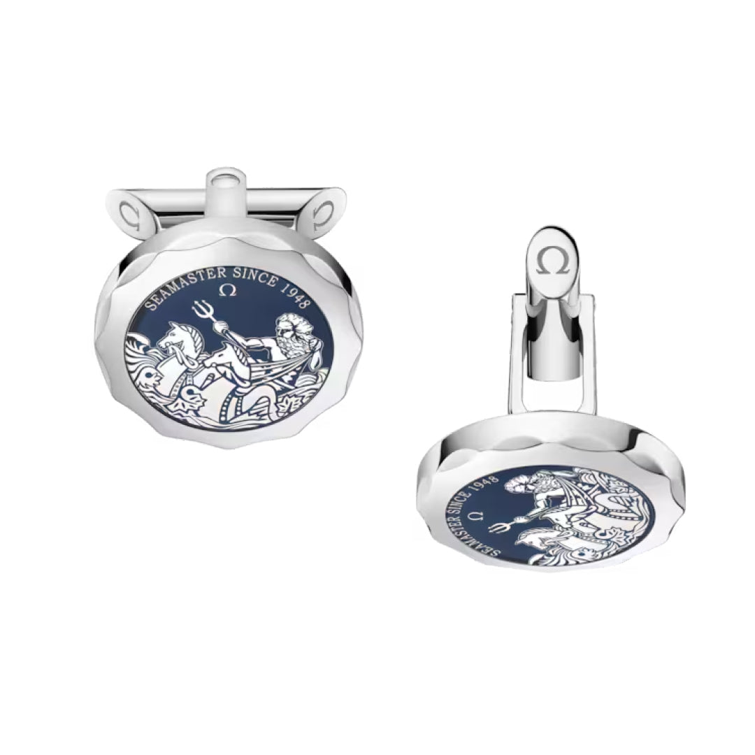 OMEGA Aqua Cufflinks by OMEGA: round stainless steel, blue enamel faces with white seahorse engraving and “SEAMASTER SINCE 1948” on top edge, plus Omega logo at the clasp—a classic for any accessories collection.