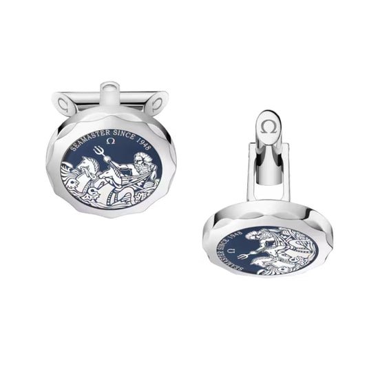OMEGA Aqua Cufflinks by OMEGA: round stainless steel, blue enamel faces with white seahorse engraving and “SEAMASTER SINCE 1948” on top edge, plus Omega logo at the clasp—a classic for any accessories collection.