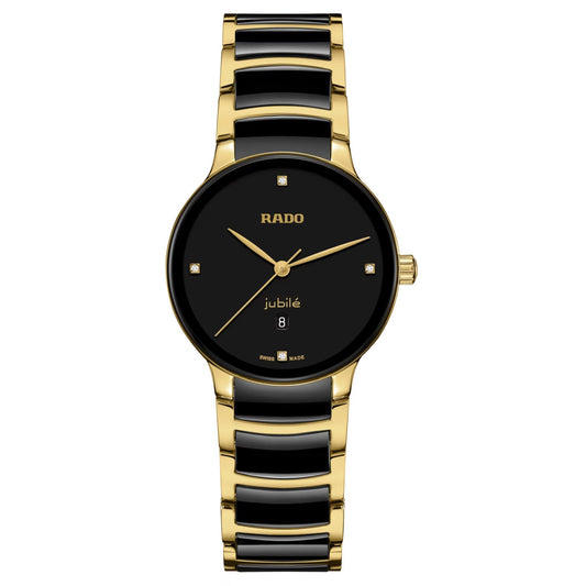 Introducing the RADO Centrix Diamonds Quartz 30.5mm Watch, a sophisticated luxury timepiece featuring a black dial adorned with gold hour markers and hands. This modern ceramic watch is designed with a striking gold and black ceramic-linked bracelet, enhanced by yellow gold-coloured PVD. The brand "RADO" is prominently displayed on the dial, alongside a convenient date display positioned at 6 o'clock.