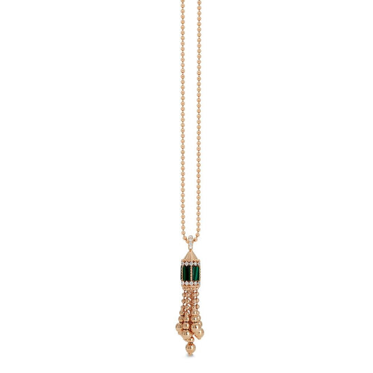 The Roberto Coin Art Deco 18K Rose Gold Petite Pendant Necklace features a long chain with an elegant pendant inlaid with 18 Karat Rose Gold. It is enhanced by green malachite details and several dangling gold spheres, showcasing the brand's signature craftsmanship.