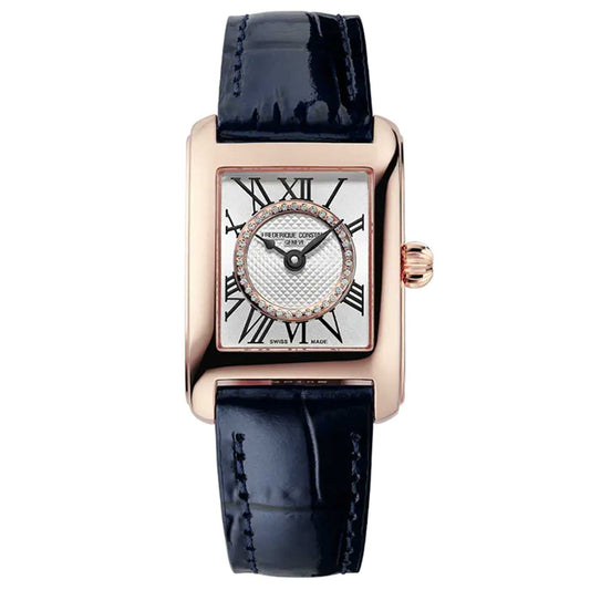 Discover the elegance of the Frederique Constant Classics Carree Ladies Quartz 23mm x 21mm Watch, featuring a rose gold rectangular case and silver dial. This timepiece is adorned with classical Roman numeral indexes, a textured inner circle, and a black leather strap, while the brand name "Frederique Constant" graces the dial with sophistication.