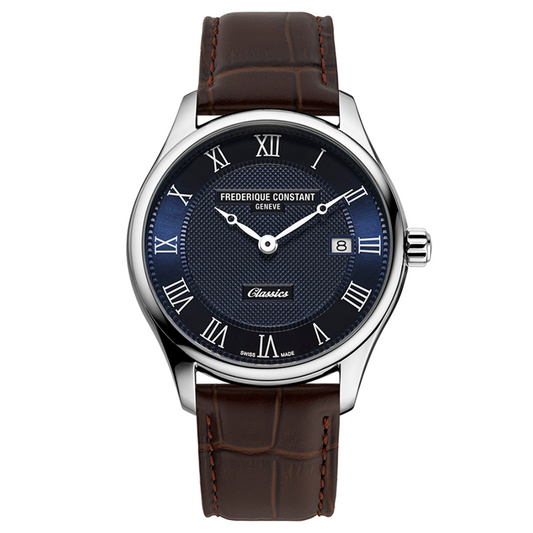 Frederique Constant Classics Quartz Date 40mm Watch with a silver case, textured blue dial, Roman numeral hour markers, date window, and a brown leather strap.