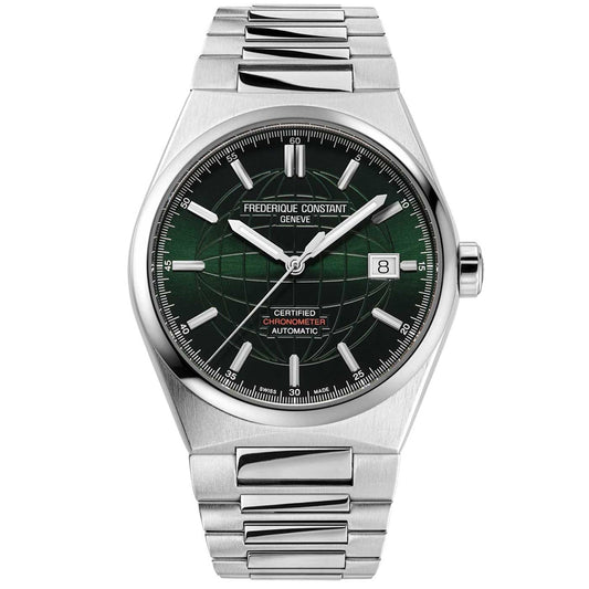 The Frederique Constant Highlife Automatic 39mm Watch is a stainless steel timepiece showcasing a green dial with a geometric pattern. The watch features the "Frederique Constant Geneve" label and includes a date display at the 3 o'clock position. With its silver link bracelet, this Highlife certified COSC watch exudes elegance.