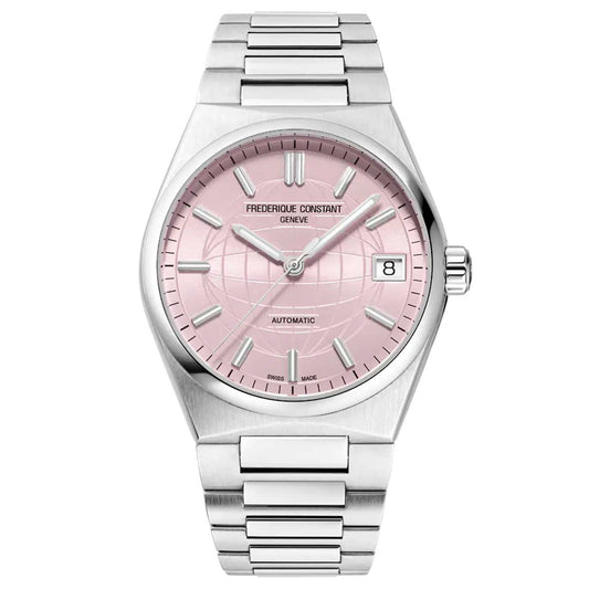 The Frederique Constant Highlife Ladies Automatic 34mm Watch features a striking silver design with a captivating pink dial and the Frederique Constant logo. Its stainless steel band complements the luminescent markers and hands, while the date display at 3 o'clock adds functionality. The dial's elegant globe pattern enhances its sophisticated appeal.