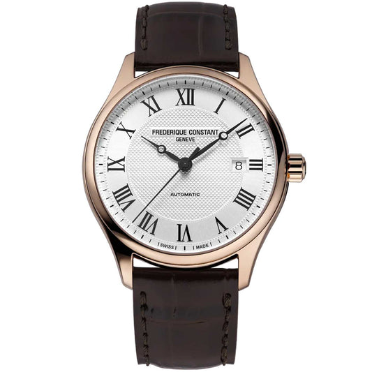 Introducing the Frederique Constant Classics Automatic 40mm Watch, featuring a white textured dial adorned with Roman numeral hour markers and a date window at the 3 o'clock position. This exquisite timepiece is crafted in rose gold-plated stainless steel and powered by an automatic FC-303 caliber movement, elegantly finished with a black leather strap.