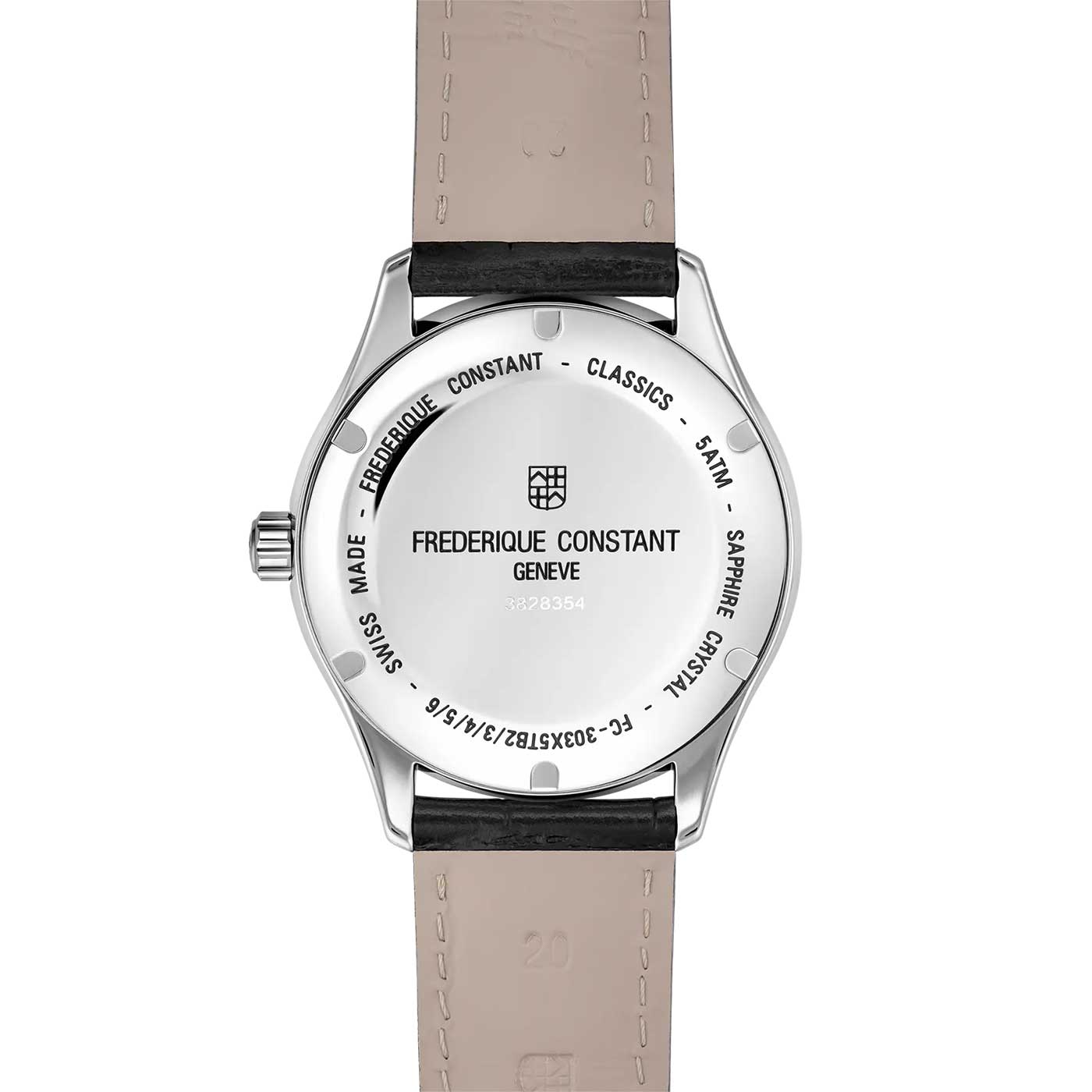 The image displays the reverse side of a Frederique Constant Classics Automatic 40mm Watch featuring a beige leather strap. The case back includes details such as the brand name, "Geneve," and specifications like "Classics," "5ATM," and "Sapphire Crystal." The watch boasts a design with a rose gold-plated stainless steel finish.