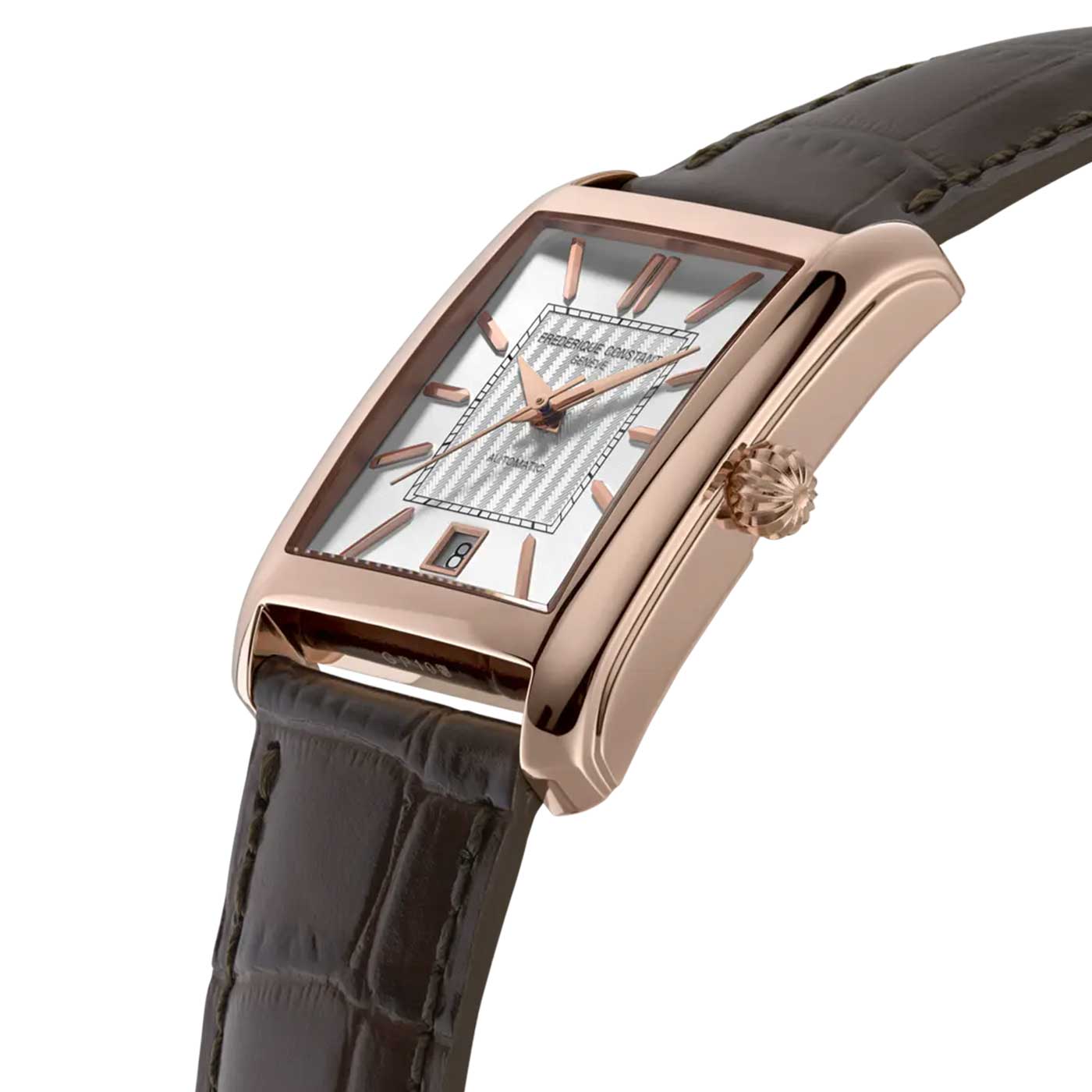 Explore the Frederique Constant Classics Carree Automatic 30mm x 33mm Watch, a luxury timepiece by Frederique Constant. It features a rectangular rose gold case with elegant rose gold-plated markers. The watch face is adorned with white and silver, slim hour indicators, and includes a small date window. This sophisticated design is perfectly complemented by a dark brown leather strap with an embossed texture.