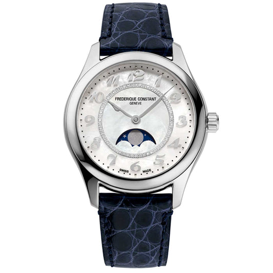 The Frederique Constant Classics Elegance Automatic 36mm Watch features a silver casing and a blue leather strap, with the dial showcasing a moon phase display, elegant silver hands, and diamond hour markers set against a radiant mother of pearl background.