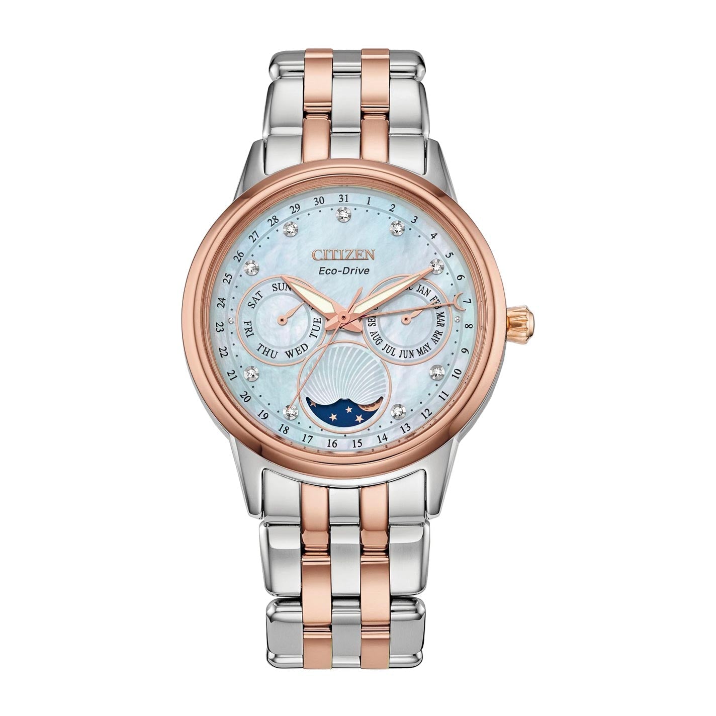 The CITIZEN Calendrier Eco-Drive 37mm women's watch has a stainless steel and rose gold-tone bracelet with a Mother-of-Pearl dial featuring day, date, and moon phase subdials, elegantly combining silver and rose gold colors.