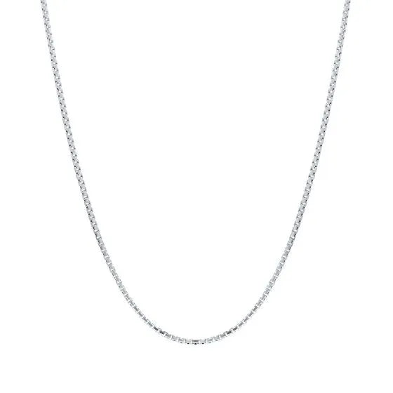 Raffi Jewellers' 20-inch delicate box chain in 14k white gold forms a graceful U-shape, its sheen contrasting beautifully against the plain white background.