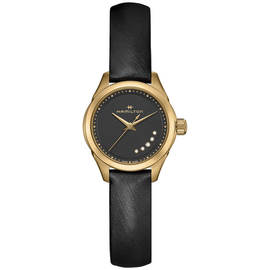 The Hamilton Jazzmaster Lady Quartz 26mm Watch by Hamilton Watch boasts a minimalist design with a black face and sleek hour and minute markers. Its elegant leather strap is perfectly complemented by four small diamonds near the 3 o'clock position, adding a touch of sophistication.