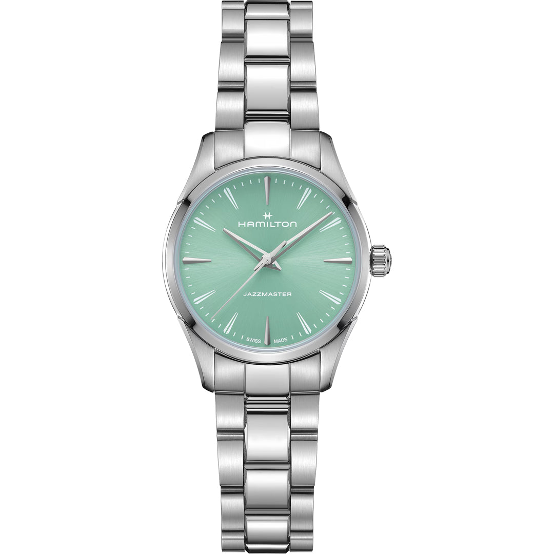 The Hamilton Jazzmaster Quartz 32mm Watch by Hamilton Watch features a silver metal link band and a mint green dial with minimalist hour markers and hands, offering modern elegance.