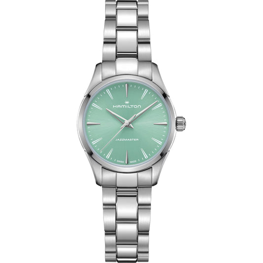The Hamilton Jazzmaster Quartz 32mm Watch by Hamilton Watch features a silver metal link band and a mint green dial with minimalist hour markers and hands, offering modern elegance.