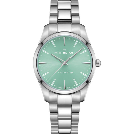 The Hamilton Jazzmaster Quartz 40mm Watch features a metal link band, mint green dial, and silver markers and hands. Modern elegance is highlighted with the Hamilton Watch brand and model name stylishly on the face.