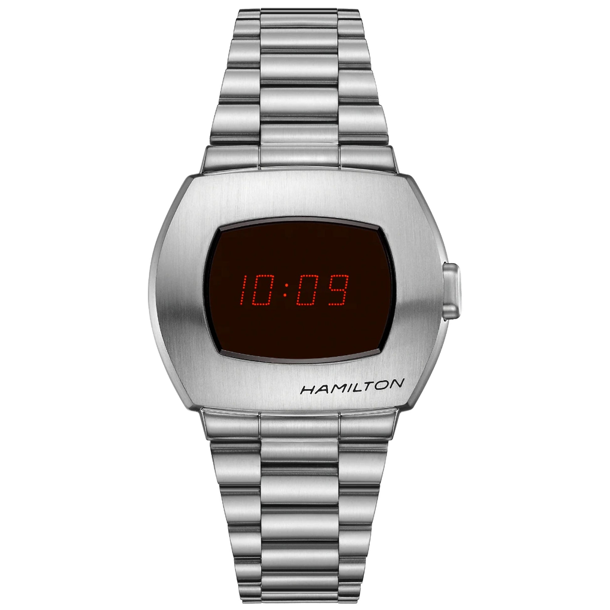 The Hamilton American Classic PSR Digital Quartz 40.8mm X 34.7mm Watch boasts a sleek, minimalist design with a stainless steel case and metallic strap. Its face prominently displays the red numbers "10:09," while the brand name "Hamilton Watch" is subtly positioned at the lower right.