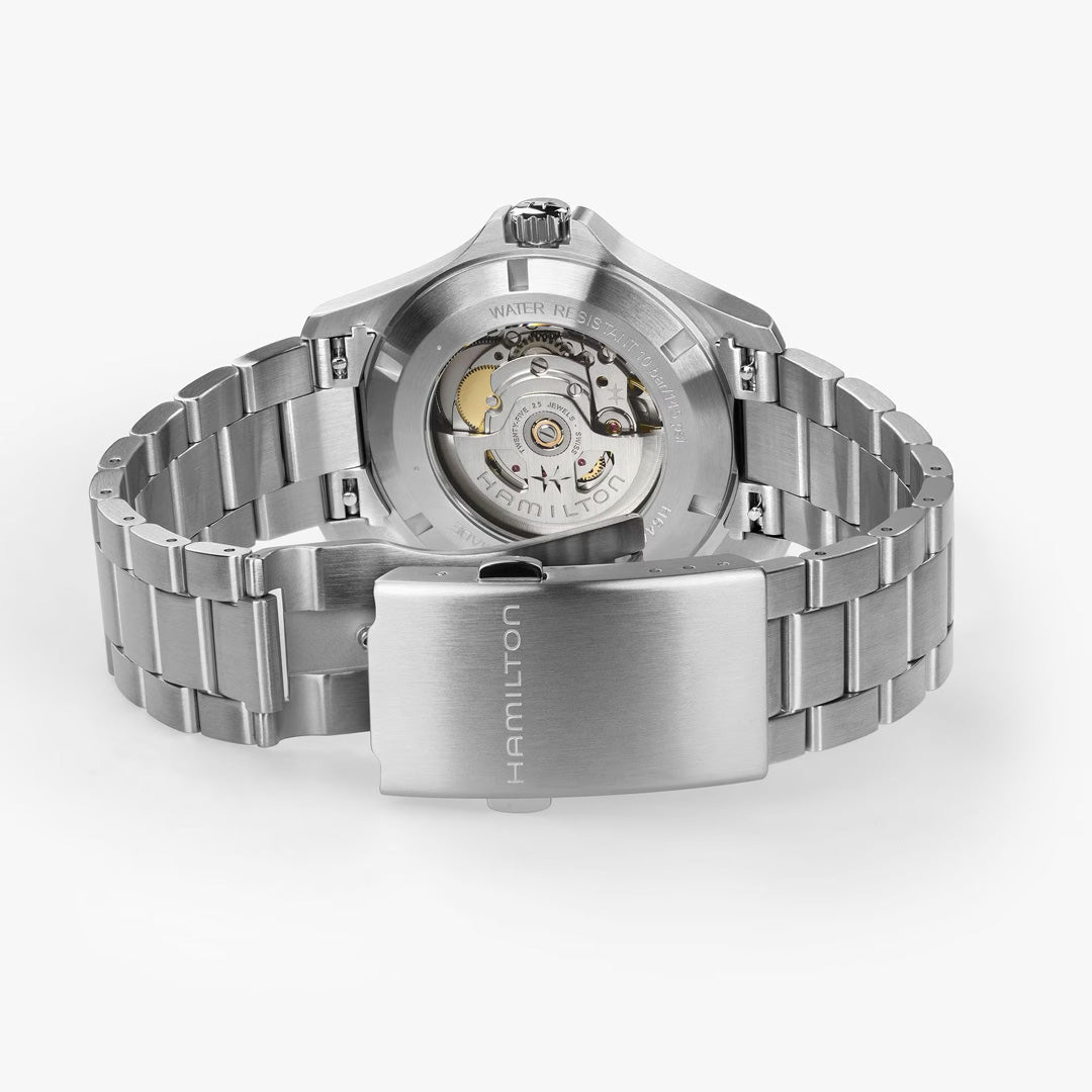 The Hamilton Khaki Field King Auto 40mm Watch by Hamilton Watch features an open stainless steel bracelet, a transparent case back with visible mechanical movement, and the Hamilton logo engraved on the clasp.