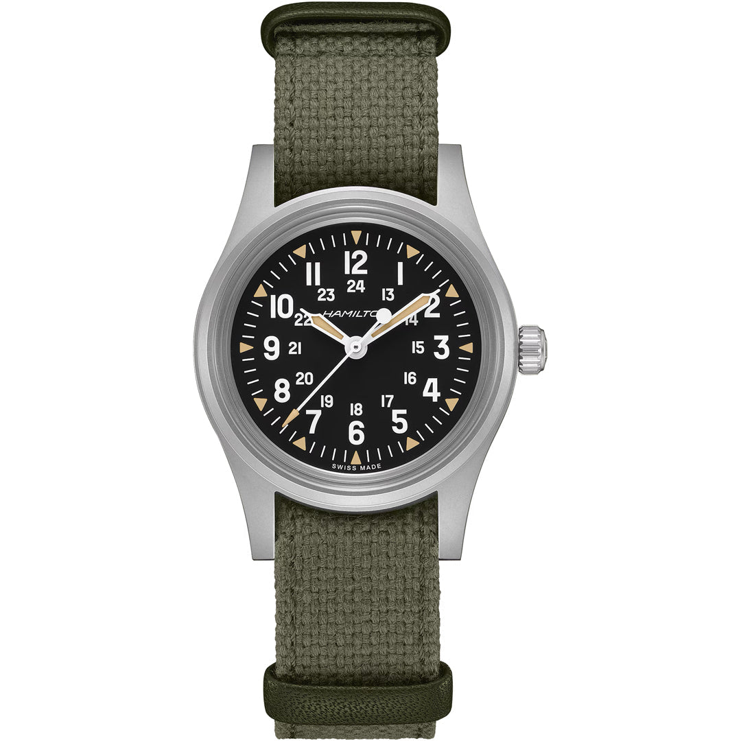 The Hamilton Khaki Field Mechanical 36mm Watch by Hamilton Watch features a round stainless steel case, black dial with white numerals, green fabric strap, and displays hours, minutes, seconds in both 12-hour and 24-hour formats.