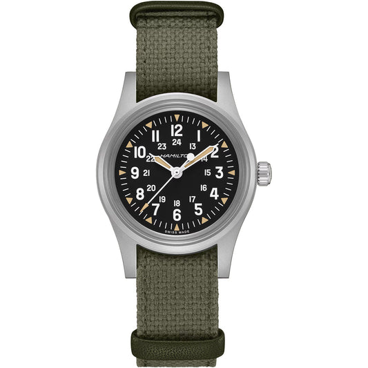 The Hamilton Khaki Field Mechanical 36mm Watch by Hamilton Watch features a round stainless steel case, black dial with white numerals, green fabric strap, and displays hours, minutes, seconds in both 12-hour and 24-hour formats.