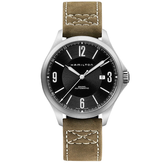 A Hamilton Watch silver and black Khaki Aviation Auto 42mm watch, featuring a round black dial with white numerals and a date display. It comes with a textured brown leather strap adorned with white stitching.