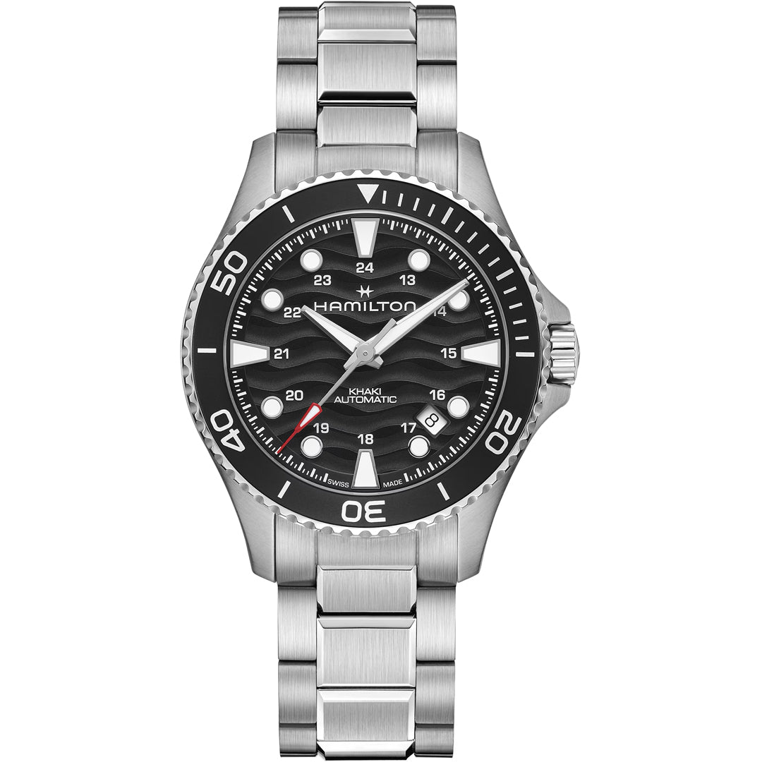 The Hamilton Khaki Navy Scuba Auto 40mm Watch by Hamilton Watch features a stainless steel case, black rotating bezel, silver hour markers, white numerals and hands, red-tipped seconds hand, date at 4 o'clock, and a metal bracelet.