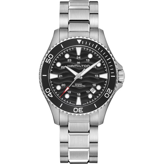 The Hamilton Khaki Navy Scuba Auto 40mm Watch by Hamilton Watch features a stainless steel case, black rotating bezel, silver hour markers, white numerals and hands, red-tipped seconds hand, date at 4 o'clock, and a metal bracelet.