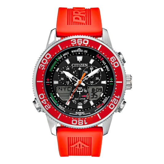 The CITIZEN Promaster Sailhawk Eco-Drive Chronograph 44mm Watch features a striking red bezel and a coordinating rubber strap. Its black dial includes a yacht racing timer, various digital displays, and analog hands accented in red and white. With Eco-Drive technology, this watch combines style and functionality for any adventure.