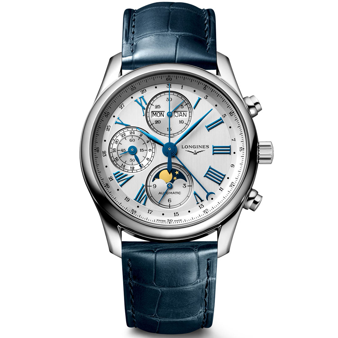 The Longines Master Collection Automatic Moonphase 40mm watch features a silver dial with blue Roman numerals, three sub-dials, a moon phase indicator, and a blue leather strap—exemplifying Longines’ refined chronograph craftsmanship.