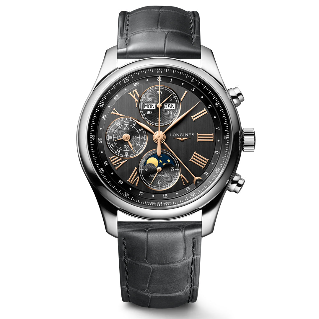 The Longines Master Collection Chrono Moonphase Automatic 42mm Watch exemplifies watchmaking artistry with a black dial featuring subdials, gold numerals, and hands. It includes day, date, and moon phase functions in a stainless steel case with a dark green alligator leather strap.