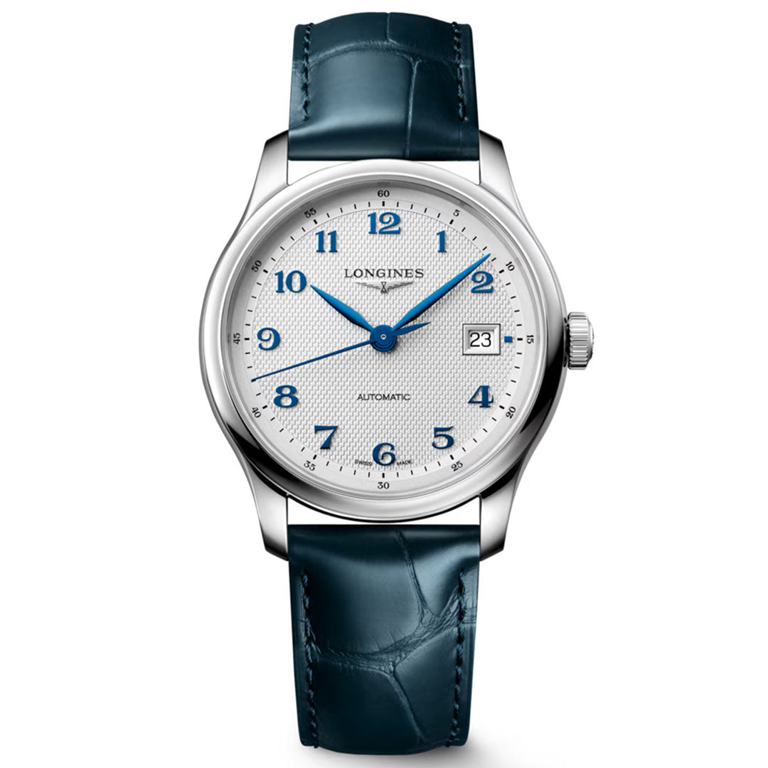 The Longines Master Collection Automatic 39mm Watch features a white textured dial with blue Arabic numerals and hands, a date window at 3 o’clock, and a blue leather strap—highlighting Longines' renowned craftsmanship.