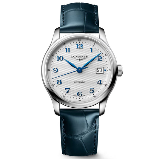 The Longines Master Collection Automatic 39mm Watch features a white textured dial with blue Arabic numerals and hands, a date window at 3 o’clock, and a blue leather strap—highlighting Longines' renowned craftsmanship.