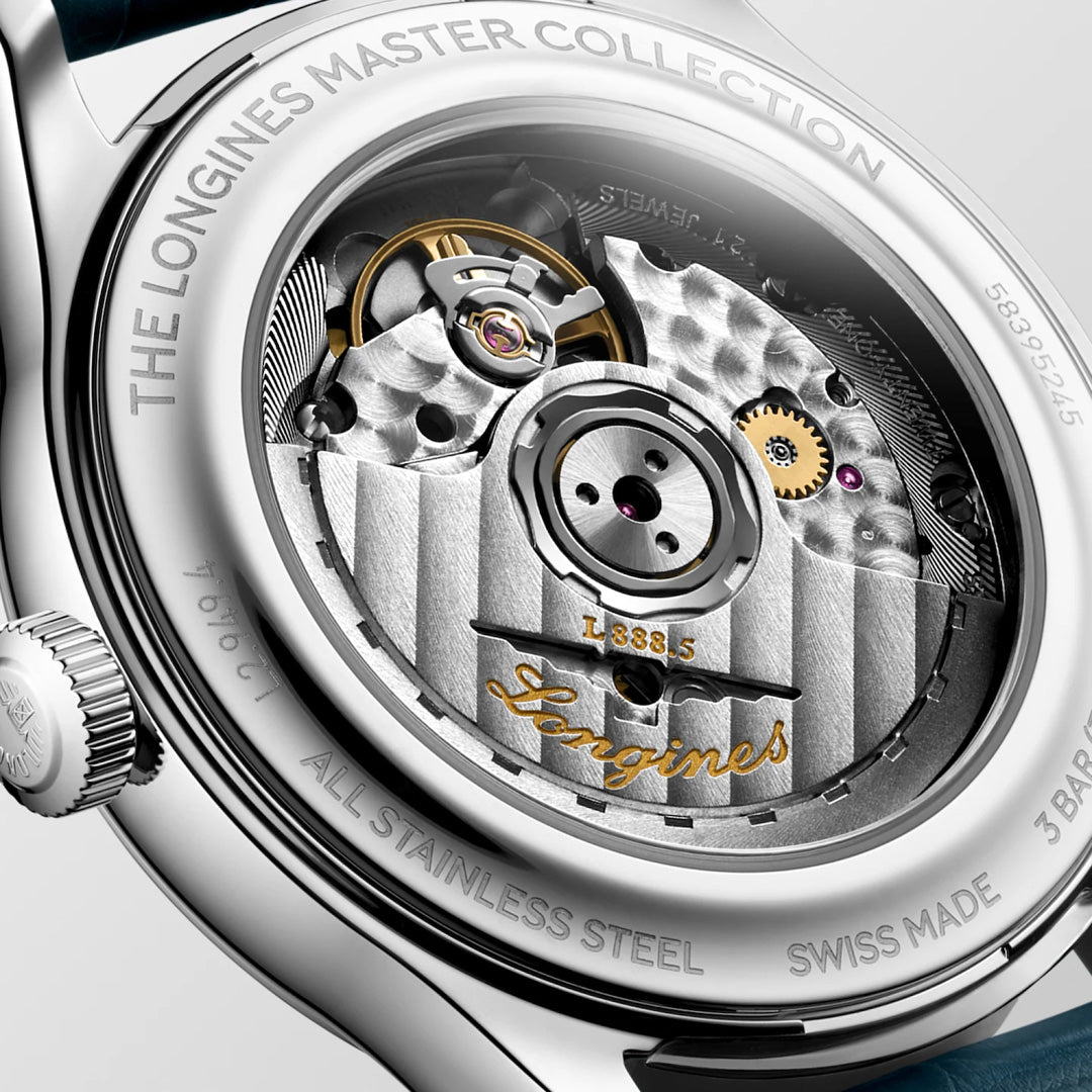 Close-up of the Longines Master Collection Automatic 39mm Watch, highlighting the brand's horological craftsmanship with a transparent caseback that reveals intricate gears and engraved details.