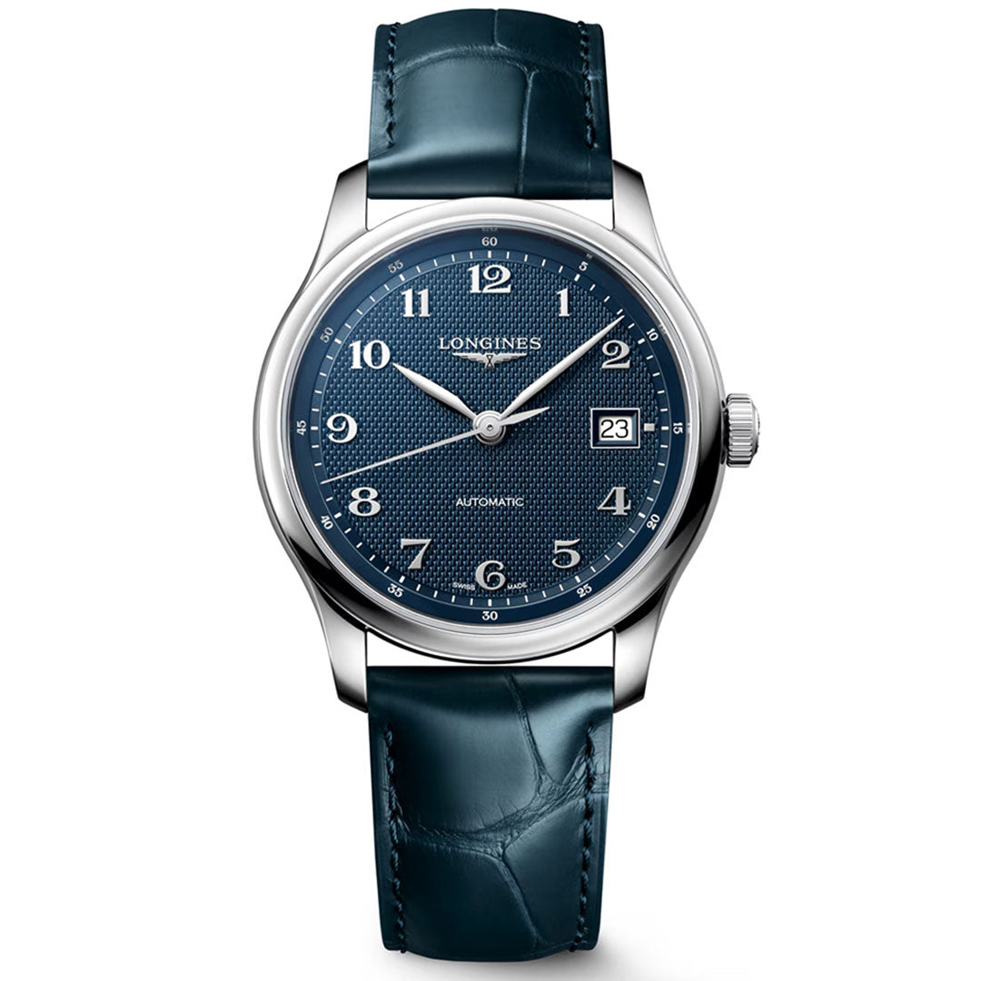 Experience refined horological craftsmanship with the Longines Master Collection Automatic 39mm Watch by Longines, featuring a blue textured dial with silver numerals, a date display at 3 o’clock, and a blue leather strap—all elegantly presented against a crisp white background.